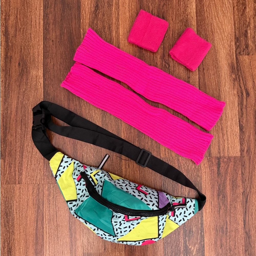 90s themed fanny pack with leg warmers and wrist bands